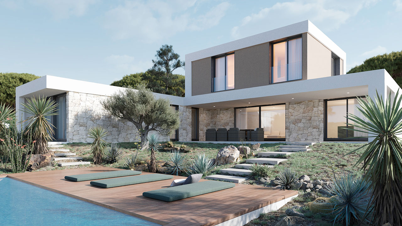 Maßgeschneidertes Fertighaus auf Mallorca. Luxushaus, modulares Haus. Luxusvilla inspiriert vom Konstanz Modell aus dem inHAUS Katalog 111.
