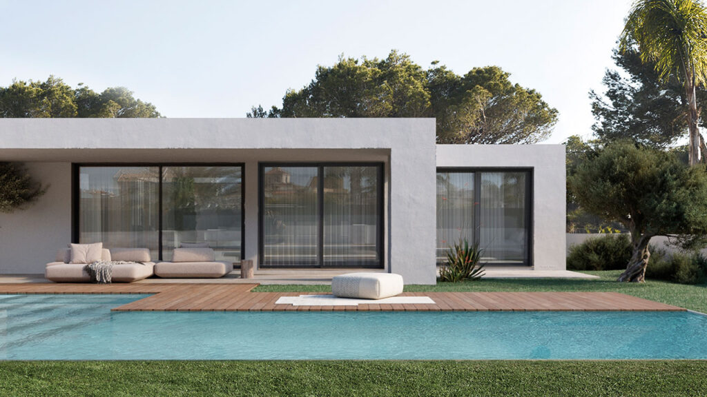 Maßgeschneidertes modulares High-End-Haus in Valencia. Luxuriöses inHAUS-Modell mit Swimmingpool. Modulare Villa. Fertighaus.