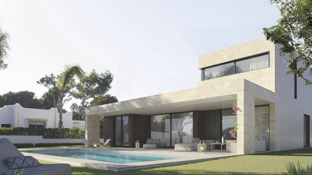 Facade of a modular house in Mediterranean style with dark surfaces and swimming pool.