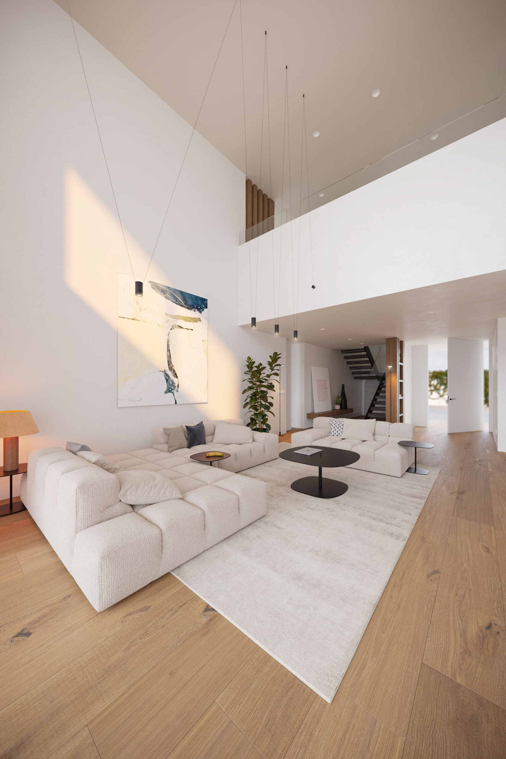 Raum mit doppelter Höhe im Wohnzimmer eines Luxus-Modularhauses