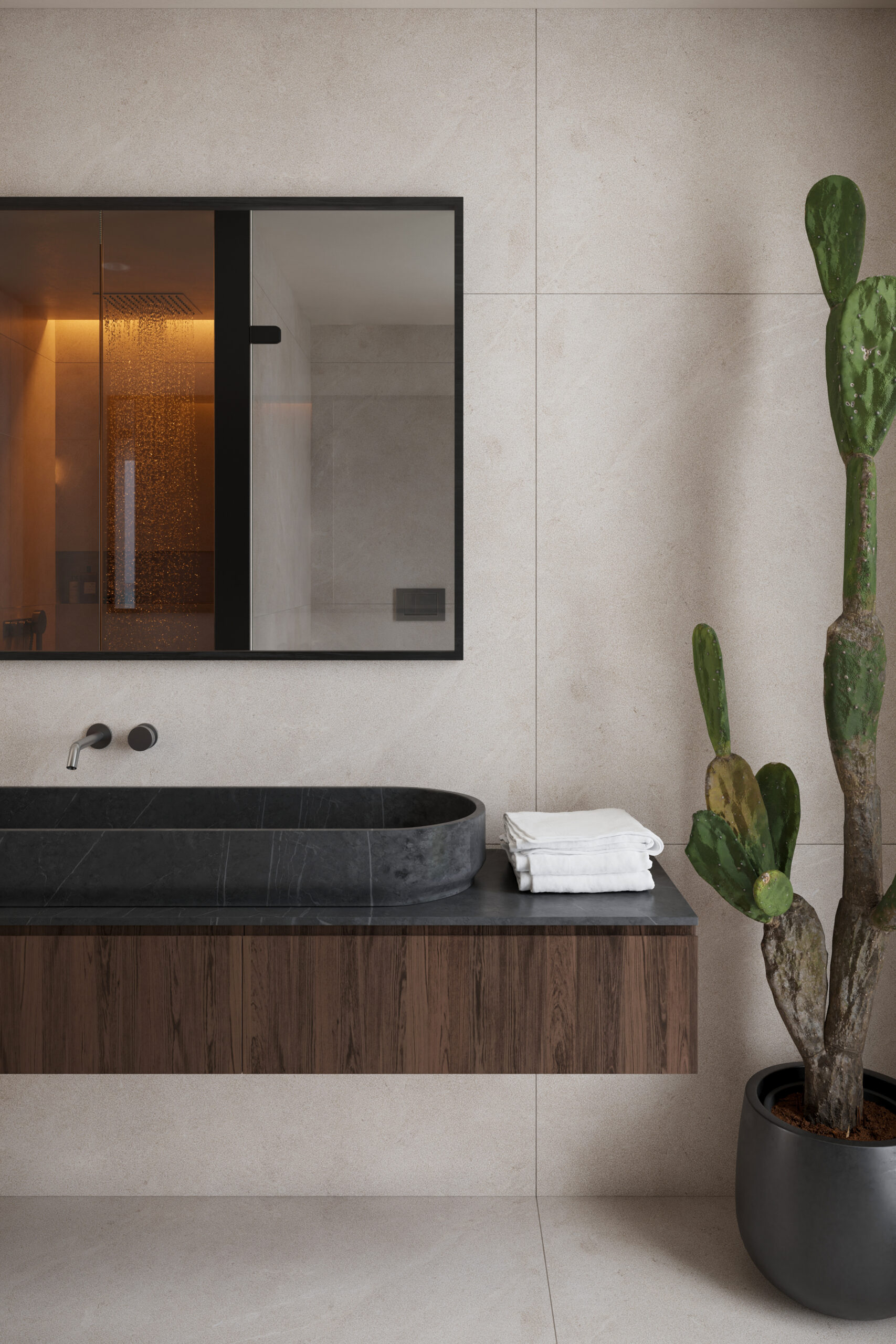 Modernes Badezimmer in einer Luxuswohnung, Spiegel und Wandschrank