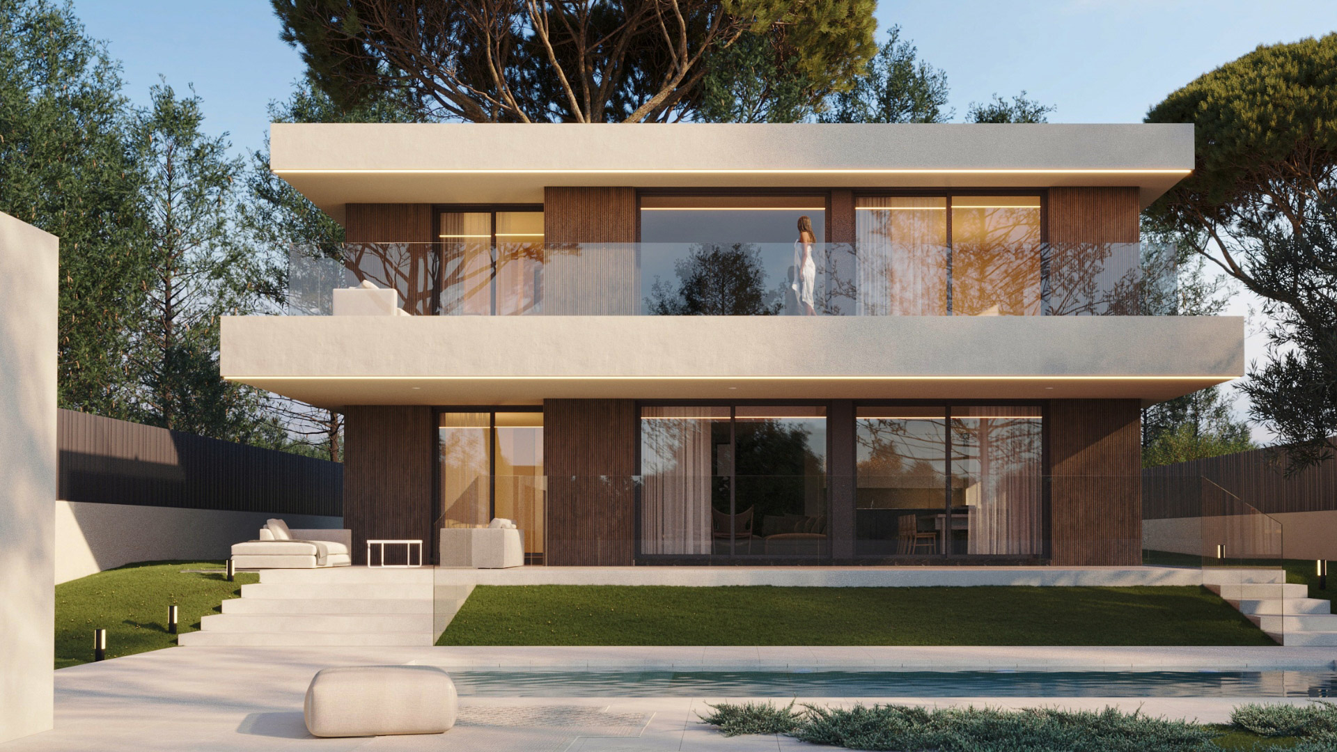 Fassade mit technologischer Holzverkleidung und weißem Einschichtmörtel Vorderansicht eines luxuriösen Hauses im mediterranen Stil