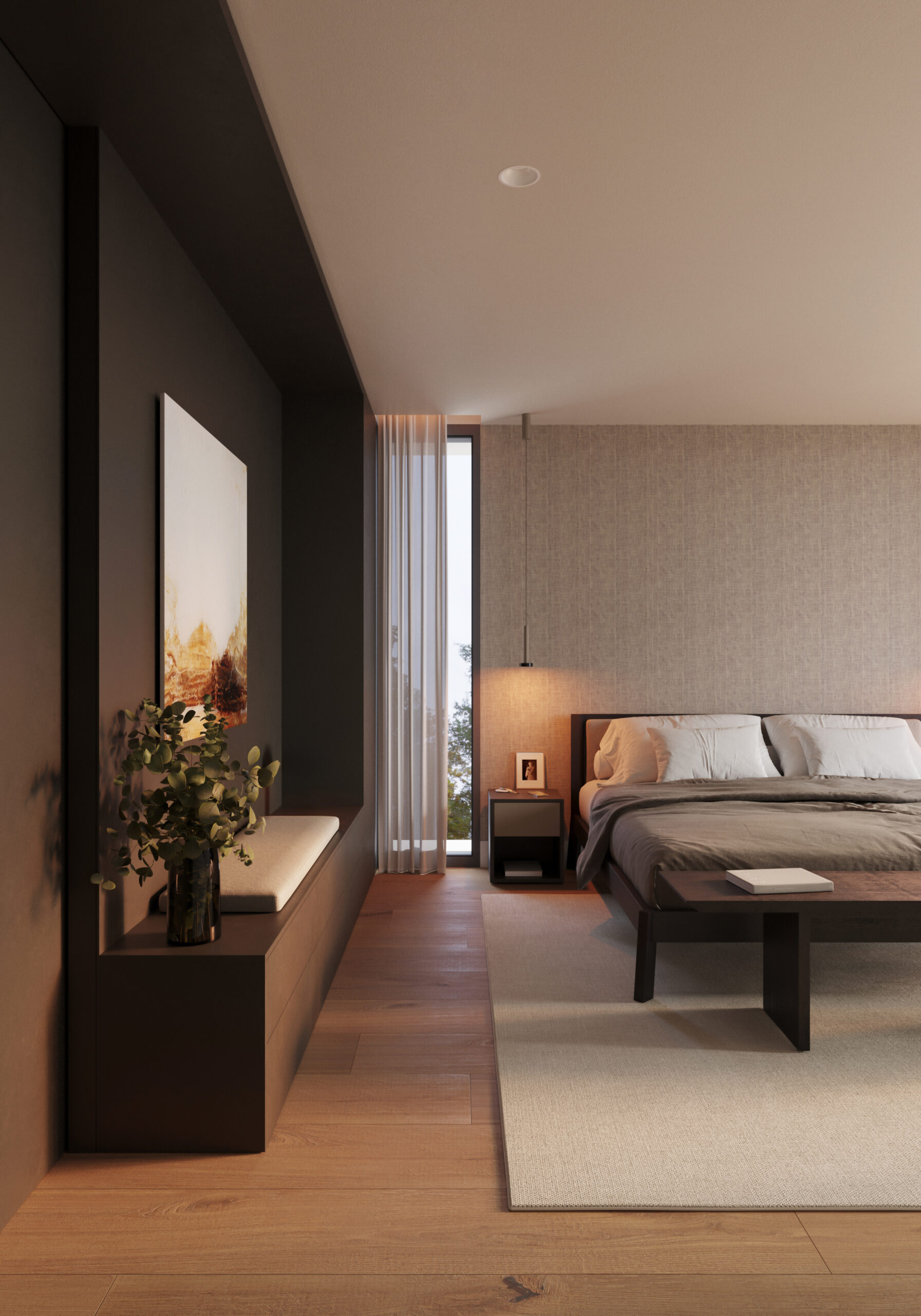 Voll ausgestattete Zimmer mit modernem Design und luxuriösen dunklen Farbtönen