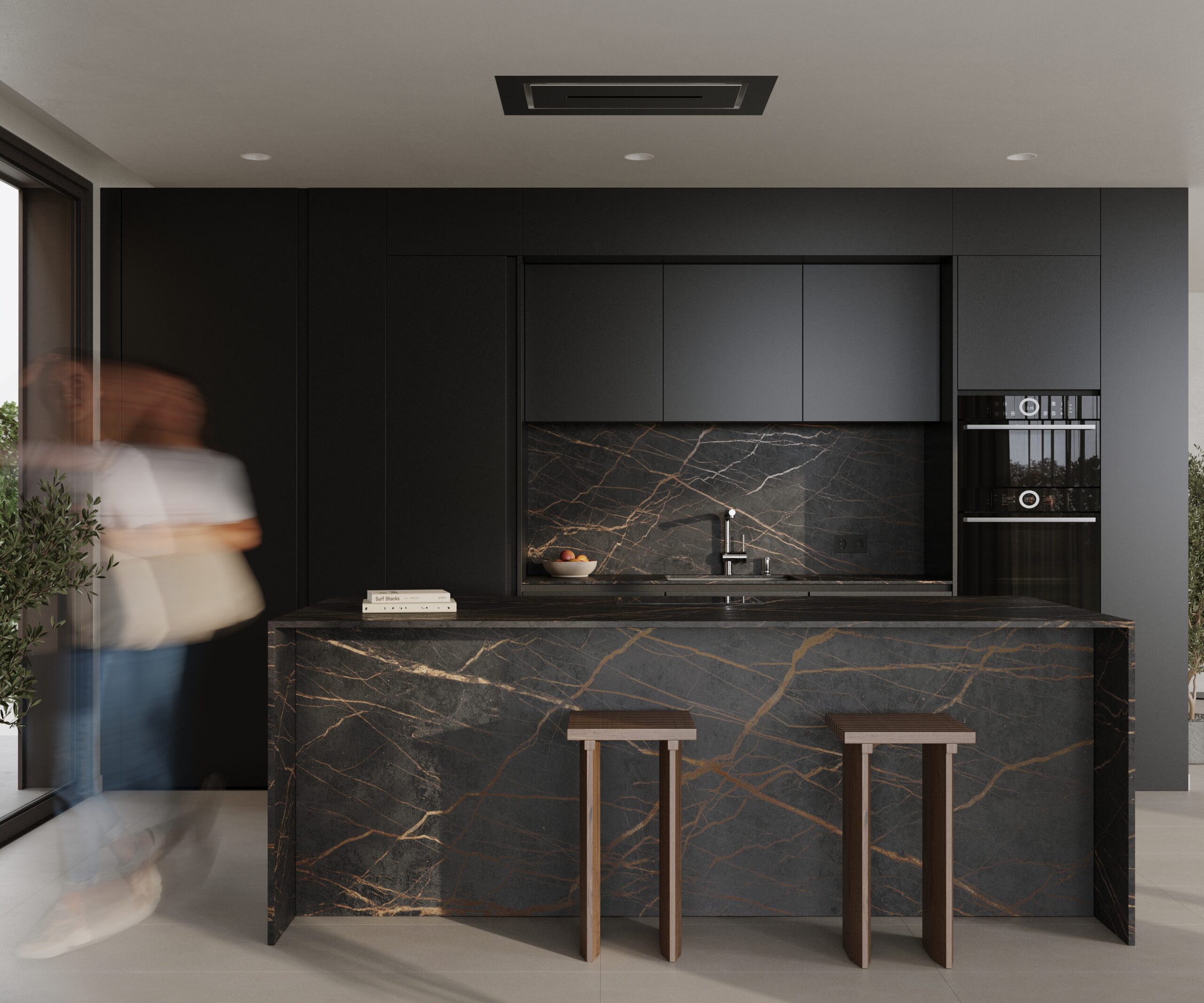 Vorderansicht Luxusküche mit schwarzer Insel Dekton Material von Cosentino