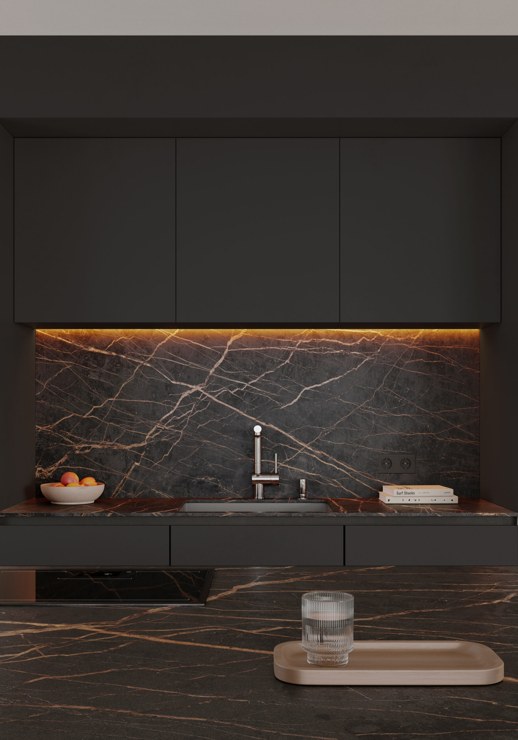 Vorderansicht Luxusküche mit schwarzer Insel Dekton Material von Cosentino