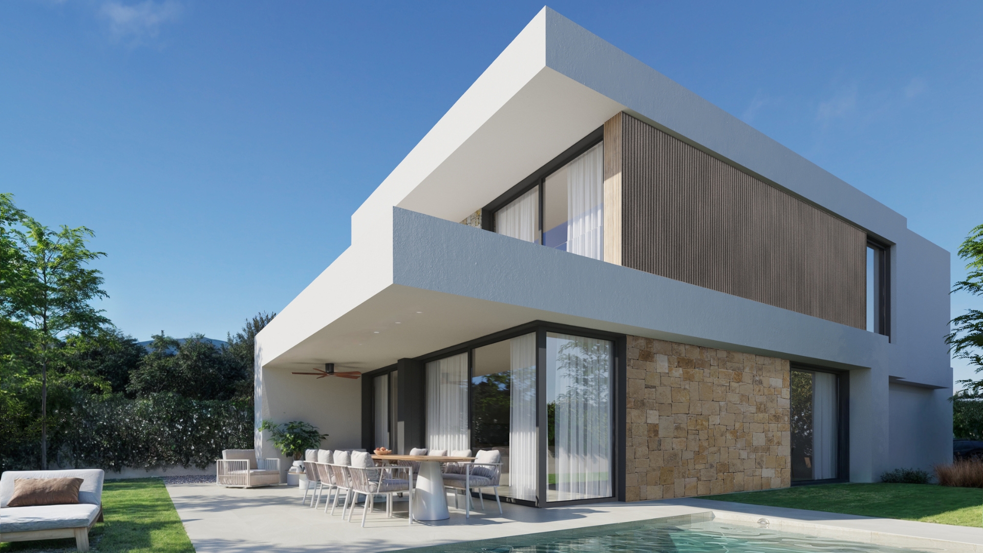 Modulares Haus mit Fassade im mediterranen Stil