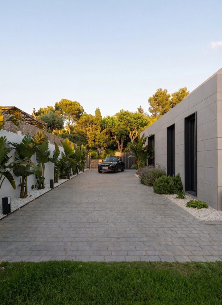 Garageneinfahrt modulhaus beton veranda