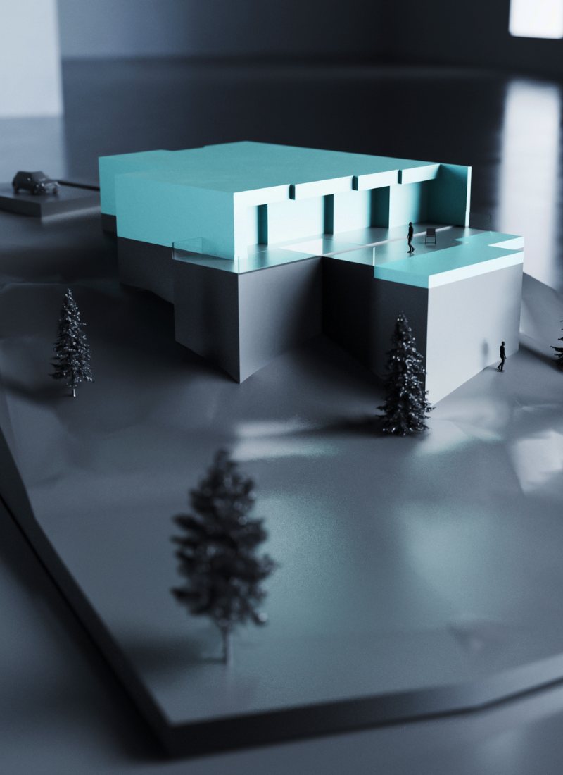 3D-Modell eines Modulhauses mit Aussicht